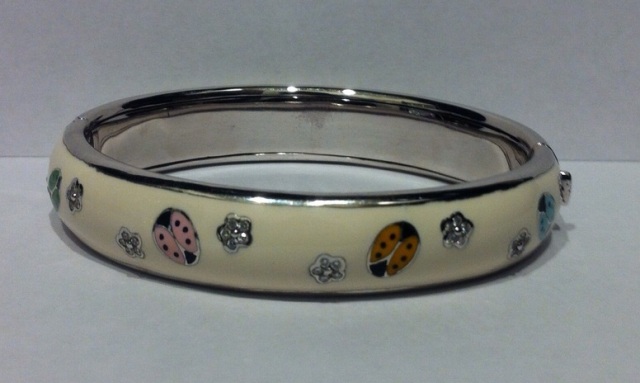 LBB550WA WG  WHITE ENAMEL BANGEL WITH MULTI COLOR LADYBUGS WITH A DIAM BOW