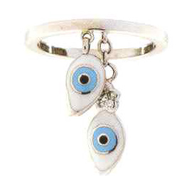 EER121A 18K YG BAND W/2 DANGLING EVIL EYES & A DIA FLWR 0.06