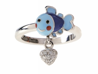 FR402LBNA WG FISH RING LT BLUE NAVY FISH W/DANGLING PAVE HEART 0.10