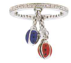 LBR181NRA 18K W/G PAVE BAND, NAVY/RED LADYBUG & DIA FLOWER DANGLE