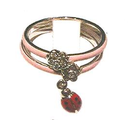 LBR22PRA 18K W/G, PINK ENAMEL DOUBLE BAND RING W/PAVE FLOWERS & HANDING RED BUG