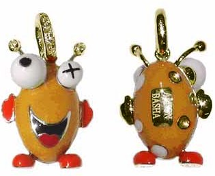 AL100O W/G ORANGEand RED OVAL ALIEN W/2 EYES & WHITE POLKA DOTS and DIA BAIL