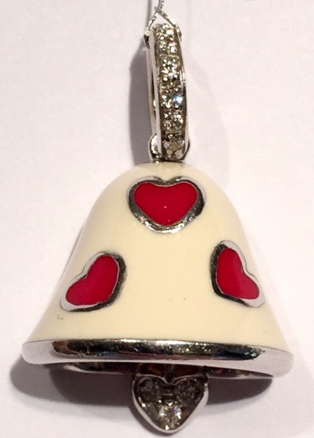 BP110A LARGE BELL, WG WHITE ENAMEL WITH RED HEARTS