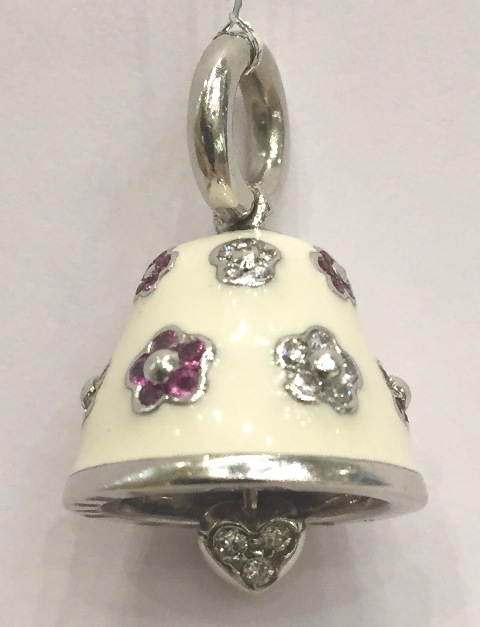 BP151W W/G LARGE BELL WHITE ENAMEL W/DIAM & PINK SAPP FLOWERS D 0.35 S 0.36