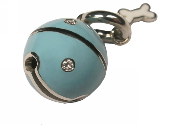 CB12LBA 18K W/G LT BLUE CAT BALL W/ ENAMEL BONE & SCATTERED DIA .06CT