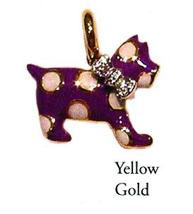 DG101VW 18K Y/G  VIOLET ENEMAL DOG W/WHITE DOTS & DIA BOW