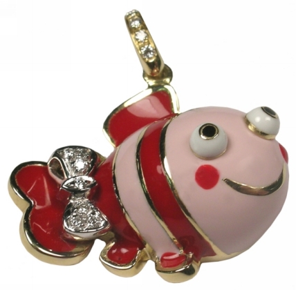 F400PR 18K Y/G.PINK/RED STRIPES FISH W/DIA BOW.