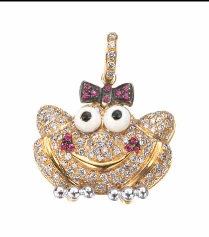 FR304 18K ROSE GOLD LARGE GIRL FROG WITH PINK DIA AND RUBY CHEEKS AND BOW