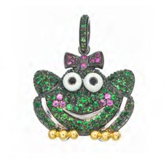 FR306  PAVE LARGE GIRL FROG W/TSAVORITE AND RUBY CHEEKS AND BOW