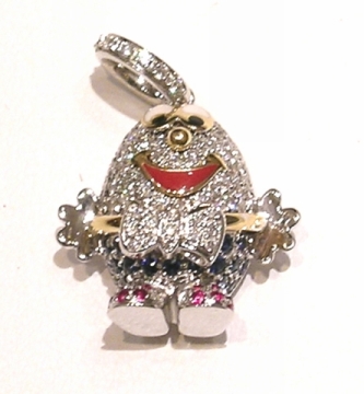 HD200A 18K W/G ALL PAVE HUMPTY DUMPTY CHARM W/RUBY FEET &DIA BOW & DIA BAIL,DIAM,BL.SAPPHIRE