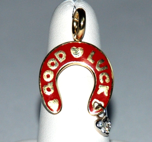 HS120R (HS120P) 18K PINK HORSE SHOE GOOD LUCK W/HANGING PAVE HEART (Реал вес 4,24)