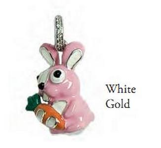 RB20PWA 18K WG, PK/WH RABBIT W/MOP & ORANGE CARROT ON A PAVE BAIL 0.102CT