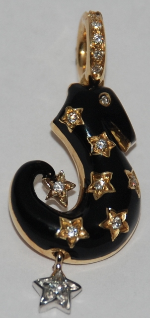 SH201BK 18K  LARGE SEAHORSE, BLACK  ENAMEL,DIAMOND STARS 0.10CTS.