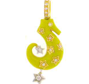 SH201G 18K LARGE SEAHORSE LIME GREEN ENAMEL DIA STARS