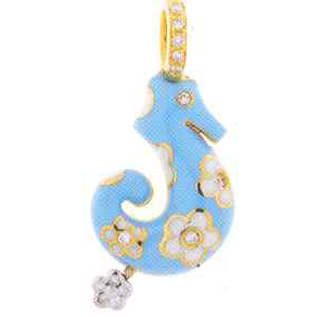 SH220LBW 18K LARGE SEAHORSE BLUE ENAMEL WITH WHITE FLOWERS DIA