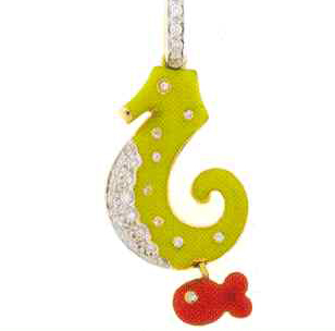 SH240G LARGE SEAHORSE,LIME GREEN ENAMEL,RED FISH HANGING