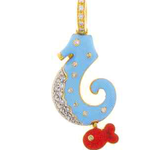 SH240LB 18K LARGE SEAHORSE LT BLUE ENAMEL RED FISH HANGING DIA