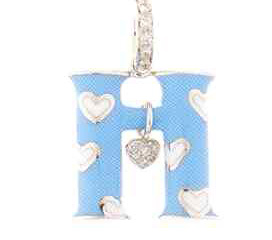 IH21LBWA 18K WG, INITIAL "H", LT BLUE/WH HEARTS  W/ DIA  HEART & BAIL ,0.09 CTS