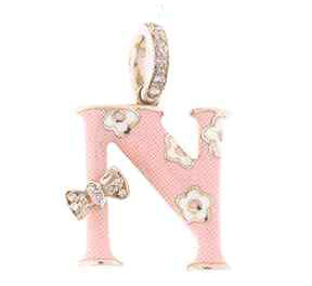 IN22PWA  W/G INITIAL "N" PINK WHITE FLOWERS AND DUAM BAIL 0.08