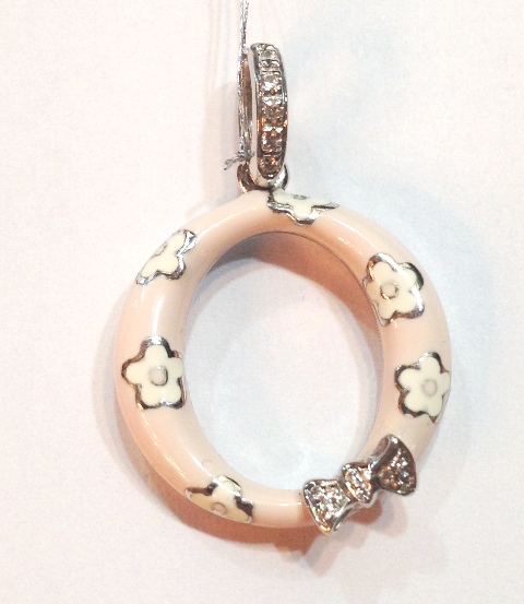 IO20PWA18K INITIAL "O".PINKWHITE FLOW.&DIAM.BOW&DIAM BAIL.0.08CT