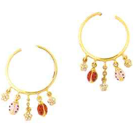 LBE401 YG RED PNK LADYBUG HOOP EARRING W/PAVE FLOWERS 0.19