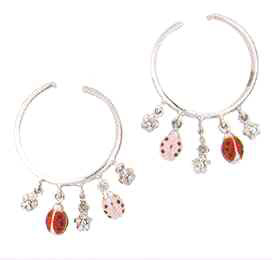 LBE401A WG RED PNK LADYBUG HOOP EARRING W/PAVE FLOWERS 0.19