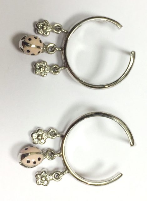 LBE402A WG SINGLE PINK LADYBUG HOOP EARRINGS W/PAVE FLOWERS 0.12