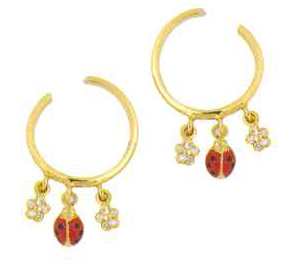 LBE402R Y/G SINGLE RED LADYBUG HOOP EARRING W/PAVE FLOWER 0.12