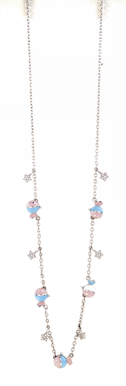 C3PLBA  WG FISH CHAIN W/PINK/LT BLUE ENAMEL  FISH CHARMS & DIAM STARS 0.20