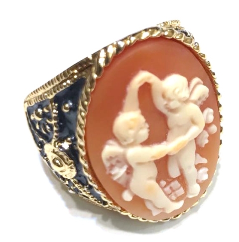 R25M2 Bronze brass plated alloy ring with enamel and cameo