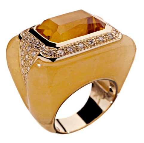 2MANDYG15/23S MANHATTAN RING, ARAGONITE 12.8gr. CITRINE 12.15ct, Dia 0.84ct, YG 18gr