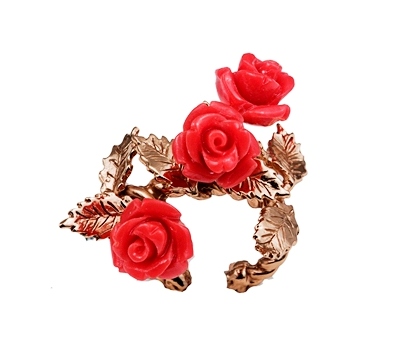 A-1101-2-12 One finger bronze ring with red resin roses