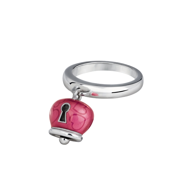 40024 Campanella ring with hearts and padlock in silver and bouganville enamel