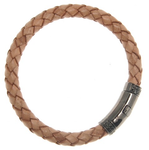 B10951A19FD 7.00 Tan Leather Bracelet with Black Dia Black Claps
