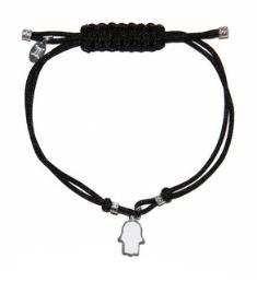 DHBR13 Sterling Silver Hamsa Charm Bracelet- Black Cord & White Charm
