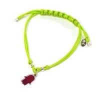 DHBR15 Sterling Silver Hamsa Charm Bracelet- Lime Green Cord & Purple Charm