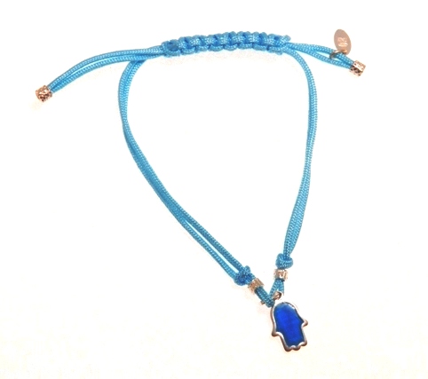 DHBR17 Sterling Silver Hamsa Charm Bracelet- Baby Blue Cord & Blue Charm