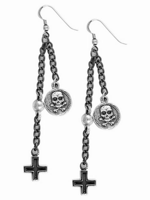 Q60-5089 Skull Coin & Cross Chain Earrings w/Hook Backs