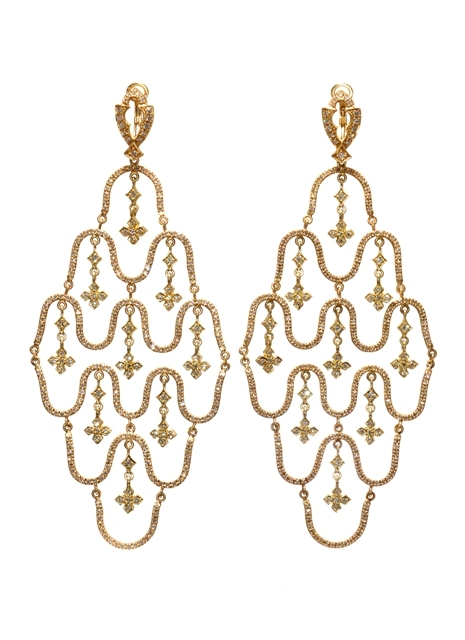 SOH-00282-004  *WAVE CHANDELIER EARRINGS/PRINCESS CROSS DANGLES DIA 3.40CTS PAVE OMEGA POSTS