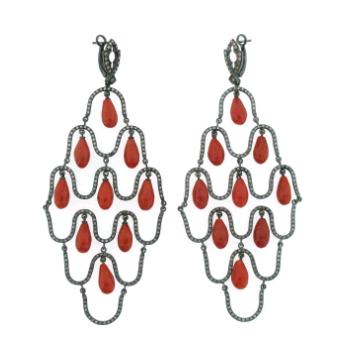 SOH-282CO-515 *WAVE CHANDELIER EARRINGS/PRINCESS CROSS DANGLES WG/BkRh/Coral51.50/DGr1.83/Dbr0.32