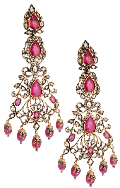 MHER80 Earring  gold 18k/silver,  Diamonds 10.95ct and Ruby african 53.68ct Feather
