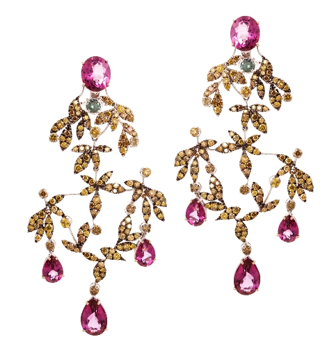OR0229 Earrings Pink Topaz, Dia brown and Dia fancy