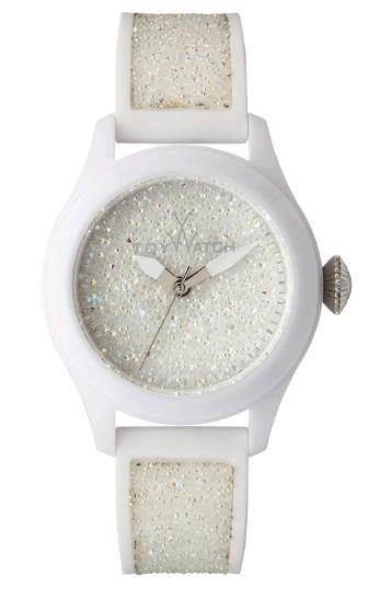GL01WH Glitter Only Time White Swar-ki Crystal Fabric Dial-WhiteBezel-WH Plast Case-WH SiliconStrap