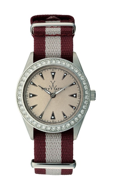 VI08SL TW Vintage Lady Warm GreyDial/White Stones/Polished Steel Case/Bodreaux and White Canvas