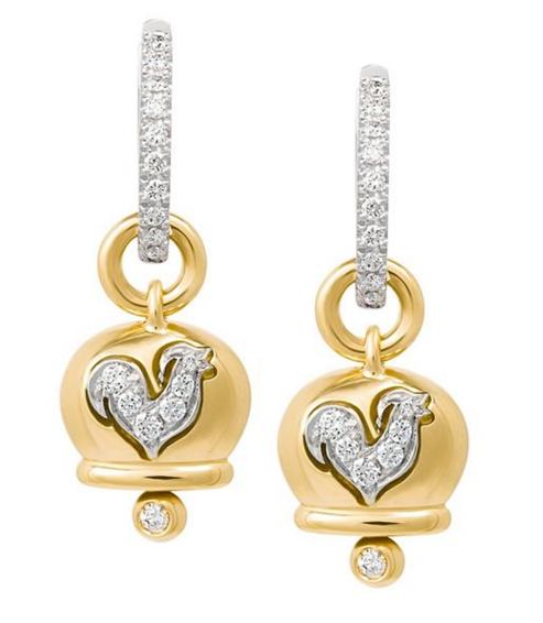 32558  Small Campanella earring: yellow gold, diamonds and diamond-paved rooster