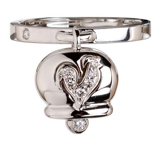 17700 Small Campanella ring: size 13, white gold, diamonds and diamond-paved rooster