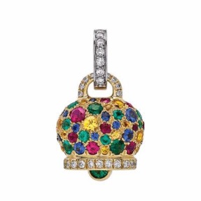 43174 Medium Campanella Mosaico charm in 18Kt yellow and white gold, diamonds and emeralds,rubies, b