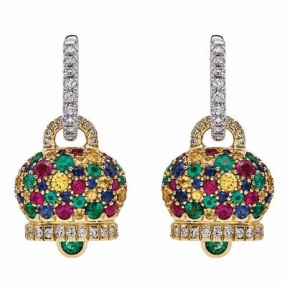 43175 Medium Campanella Mosaico single earring in 18Kt yellow and white gold, diamonds and emeralds,