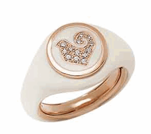 42701 Paillettes Sygillum ring in 18kt pink gold, rooster in diamonds pavé and white enamel
