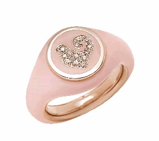 42702 Paillettes Sygillum ring in 18kt pink gold, rooster in diamonds pavé and pink enamel